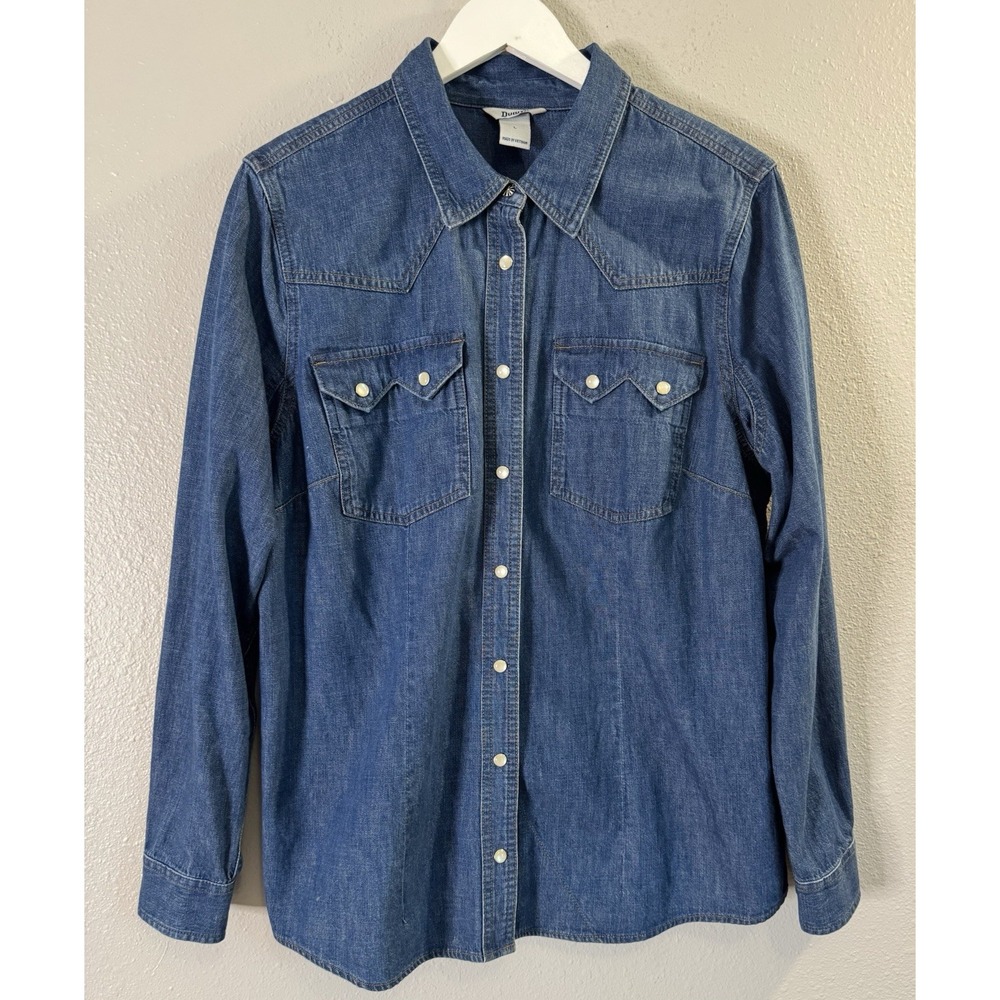 Duluth Trading Co Denim Western Pearl Snap Shirt L Cowgirl Ranch 100% Cotton